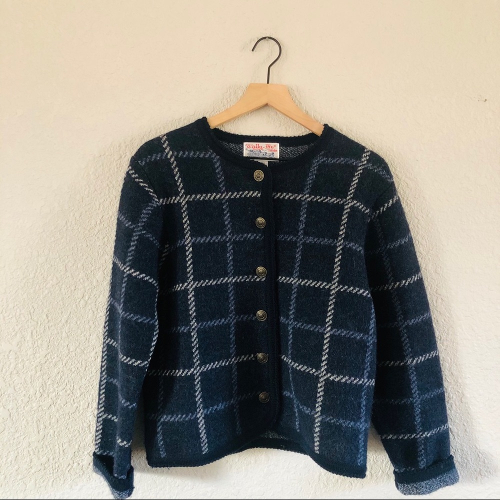 Tally Ho Vintage Wool Blue Window Pane Print Sweater Jacket